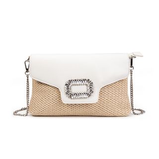 Bolso rafia blanco-beige, cristales