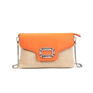 Bolso rafia blanco-beige, cristales