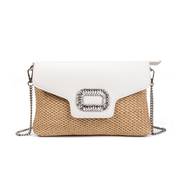 Bolso rafia blanco-beige, cristales