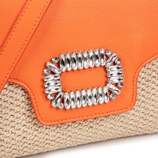 Bolso rafia blanco-beige, cristales