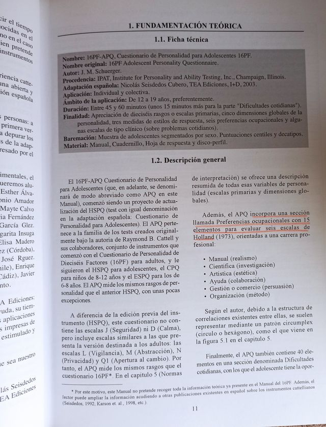 16 PF-APQ. Cuestionario Personalidad Adolescentes