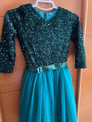 Vestido niña lentejuelas verde-teal