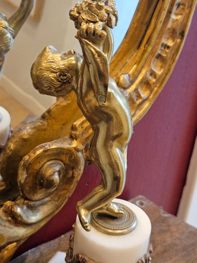 Angel bronce & marmol portavelas antiguo siglo XIX