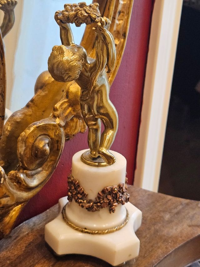 Angel bronce & marmol portavelas antiguo siglo XIX