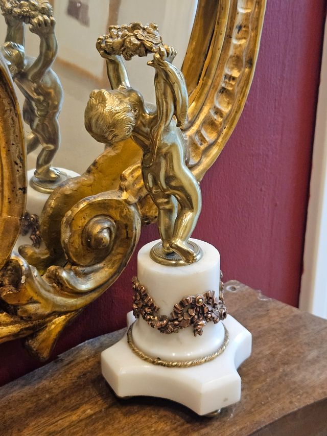 Angel bronce & marmol portavelas antiguo siglo XIX