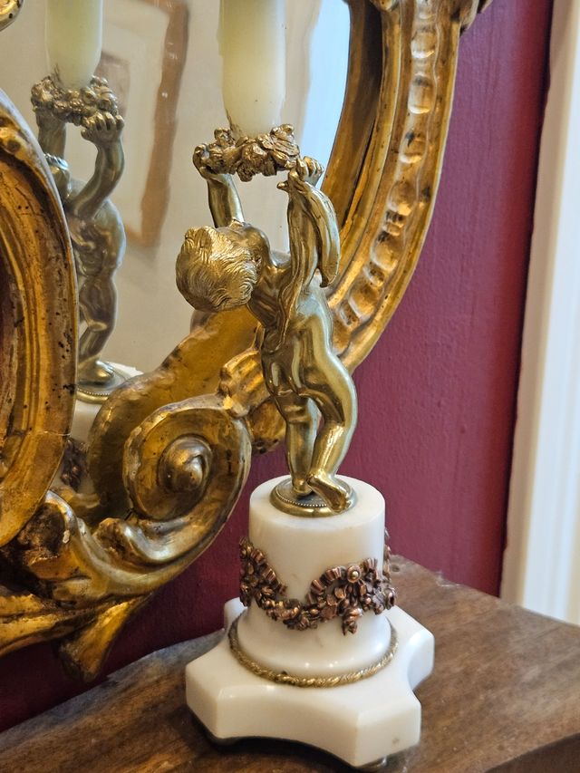 Angel bronce & marmol portavelas antiguo siglo XIX