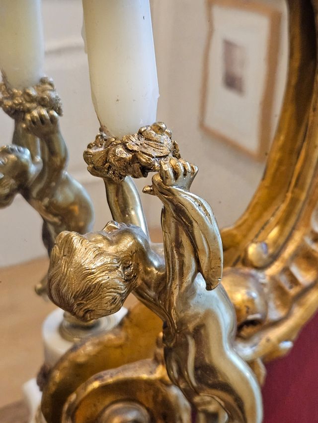 Angel bronce & marmol portavelas antiguo siglo XIX