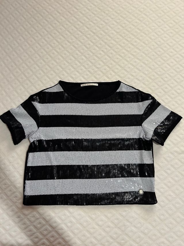 Maglietta righe paillettes nero argento