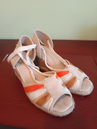 Sandalias cuña esparto beige-naranja