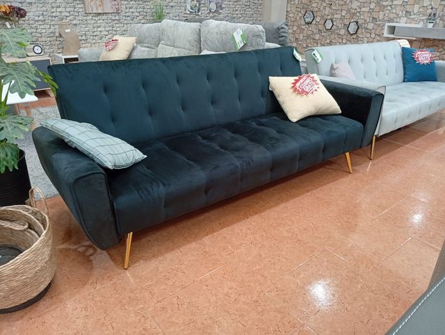 Sofá cama gris - terciopelo - patas doradas