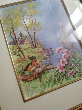 Cuadro antiguo con pájaros y flores