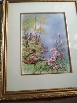 Cuadro antiguo con pájaros y flores