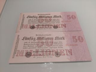 2 Billetes 50 Millones Marcos (1923) consecutivos