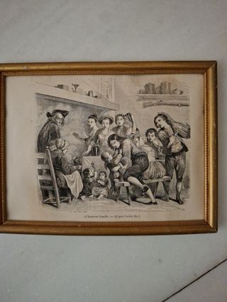 Cuadro antiguo s.XIX: estampa familiar
