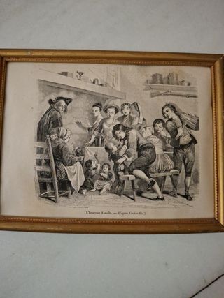 Cuadro antiguo s.XIX: estampa familiar
