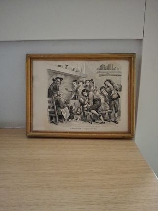 Cuadro antiguo s.XIX: estampa familiar
