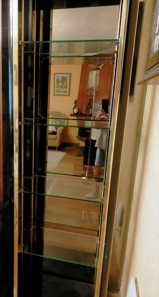 Vitrina negra con los bordes dorados.