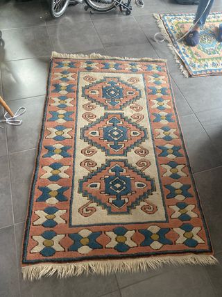 Alfombra lana vintage | Azul, rosa