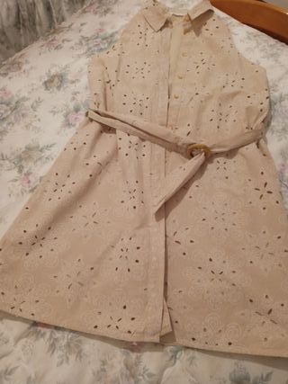 Vestido beige verano - bordado, cinto