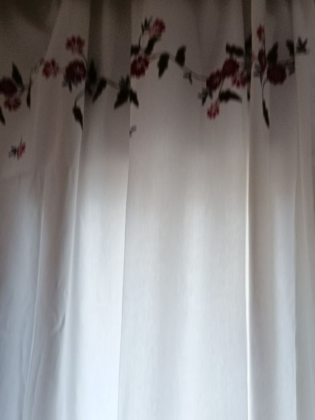 Cortinas blancas con flores rojas bordadas