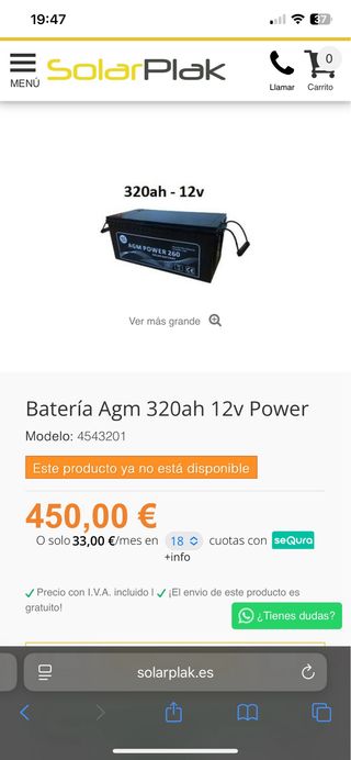 4 Baterías SOLARES AGM 320Ah 12v Power