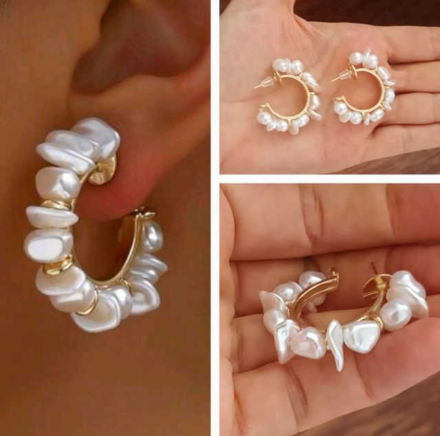 Aros pendientes semiaros dorados perlas blancas