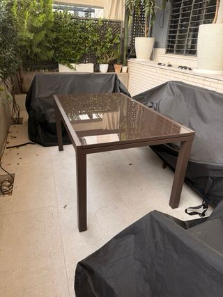 Mesa jardín extensible marrón cristal 1,50-2,50m