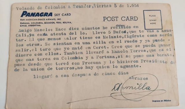 Postal firmada Armilla: Toreros tauromaquia