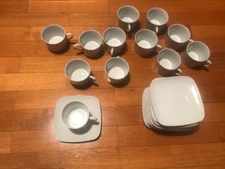 Juego 6 tazas & platos porcelana blanca