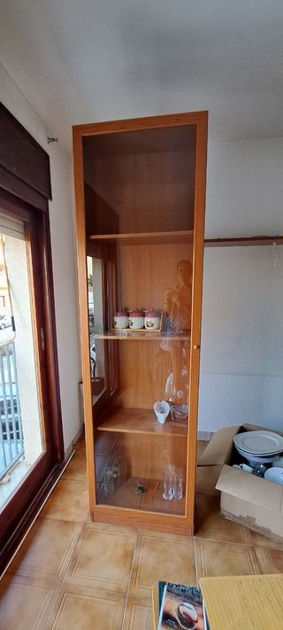 Vitrina de madera con cristal y estanteria.