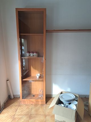 Vitrina de madera con cristal y estanteria.