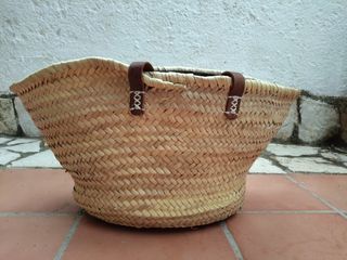 Cesta mimbre asa cuero beige