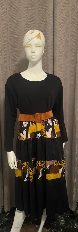 Vestito lungo nero stampa animalier tg L