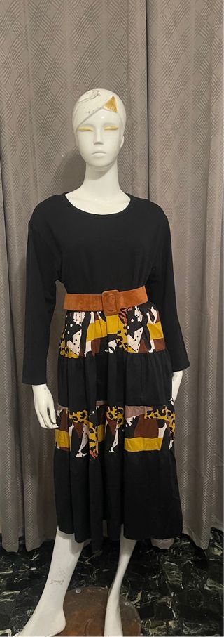 Vestito lungo nero stampa animalier tg L