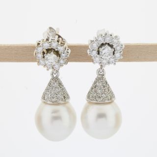 Pendientes oro blanco con brillantes y perla