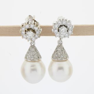 Pendientes oro blanco con brillantes y perla