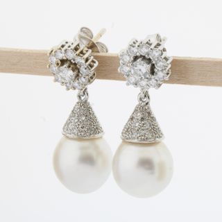 Pendientes oro blanco con brillantes y perla