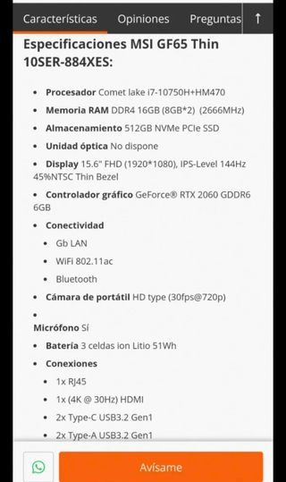 Portátil gaming MSI GF65 Thin 10ser