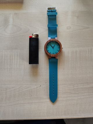 Reloj madera teal - correa cuero
