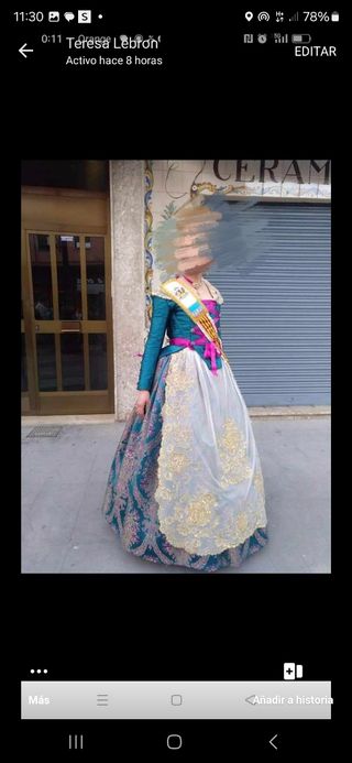 Traje Fallera: falda teal y detalles rosa