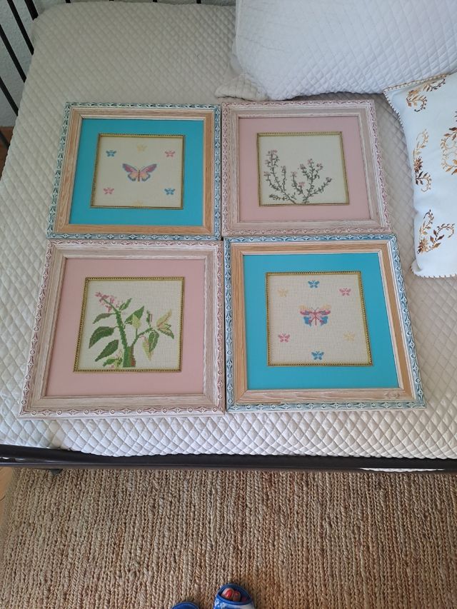 4 Cuadros Bordados - Flores & Mariposas