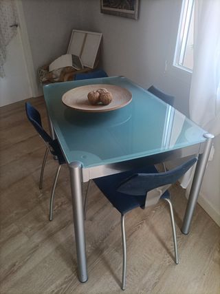 Mesa cristal 4 sillas - azul, plata