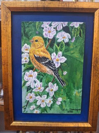 Pintura al óleo: Pájaro y flores