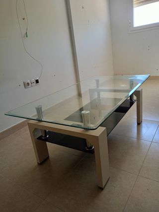 Mesita centro cristal y madera