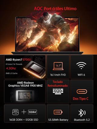 AOC Ordenador Portatil Ryzen 7 5700U 
