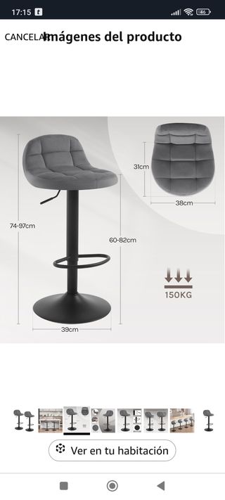 2 Taburetes Altos cocina barra Gris nuevos