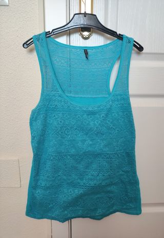 Camiseta tirantes encaje turquesa
