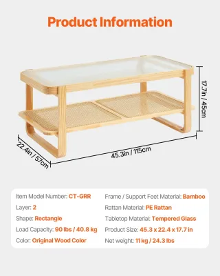 Tavolino Rettangolare in Rattan a 2 Livelli 115 cm