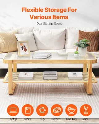 Tavolino Rettangolare in Rattan a 2 Livelli 115 cm