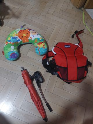 Mochila portabebés + cojín bebé + sombrilla carro 